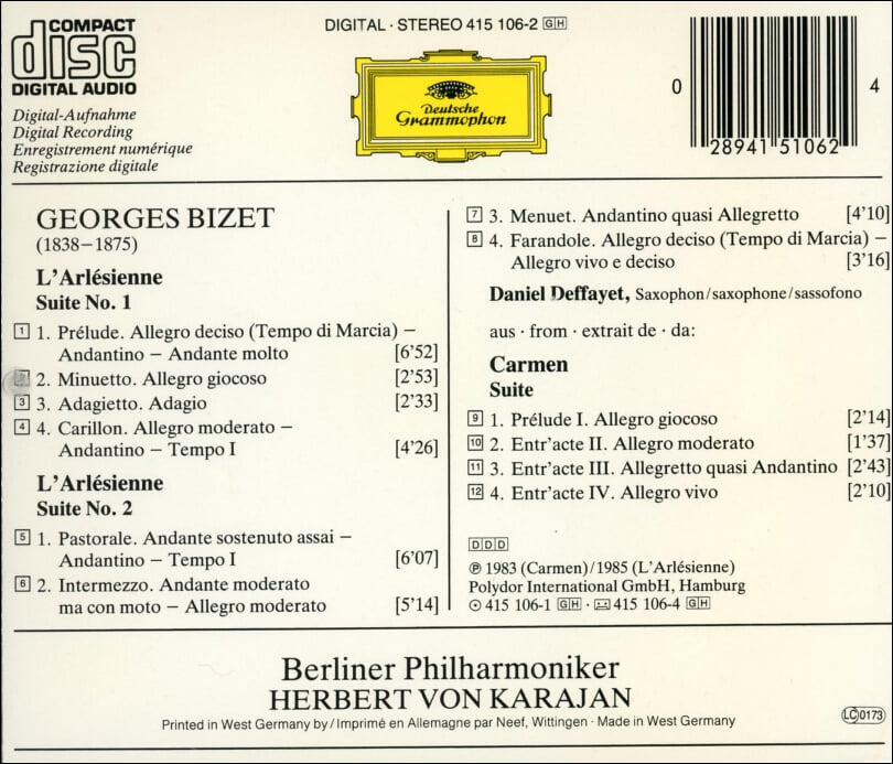 Bizet: 아를르의 여인 조곡 1, 2번 & 카르멘 조곡 - 카라얀 (Herbert Von Karajan)(독일발매)