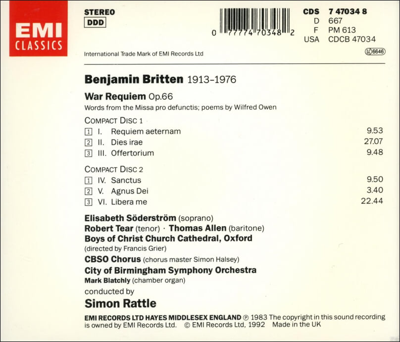 벤저민 브리튼 (Benjamin Britten):전쟁 레퀴엠 (War Requiem) - 래틀 (Simon Rattle)(2CD)(UK발매)