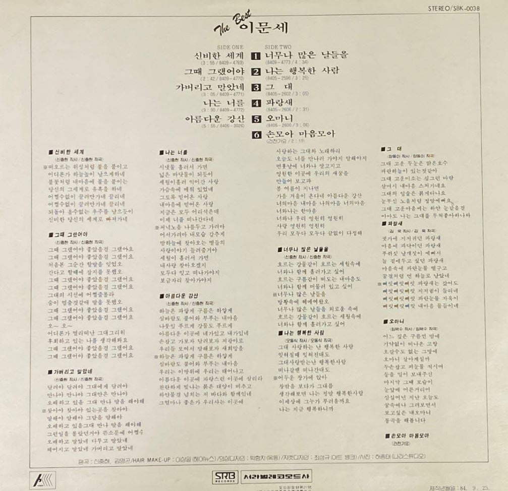 [LP] 이문세 - 2집 The Best LP [서라벌 SBK-0038]