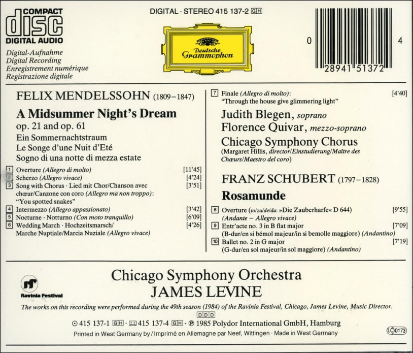 Mendelssohn: A Midsummer Night's Dream - 제임스 레바인 (James Levine) (독일발매)