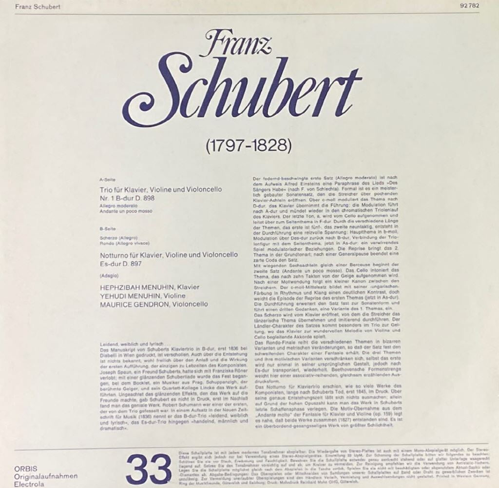 [LP] 예후디 메뉴인,헵시바 메뉴인,모리스 장드롱 - Schubert Klaviertrio Nr.1 B-dur D.898 LP [독일반]
