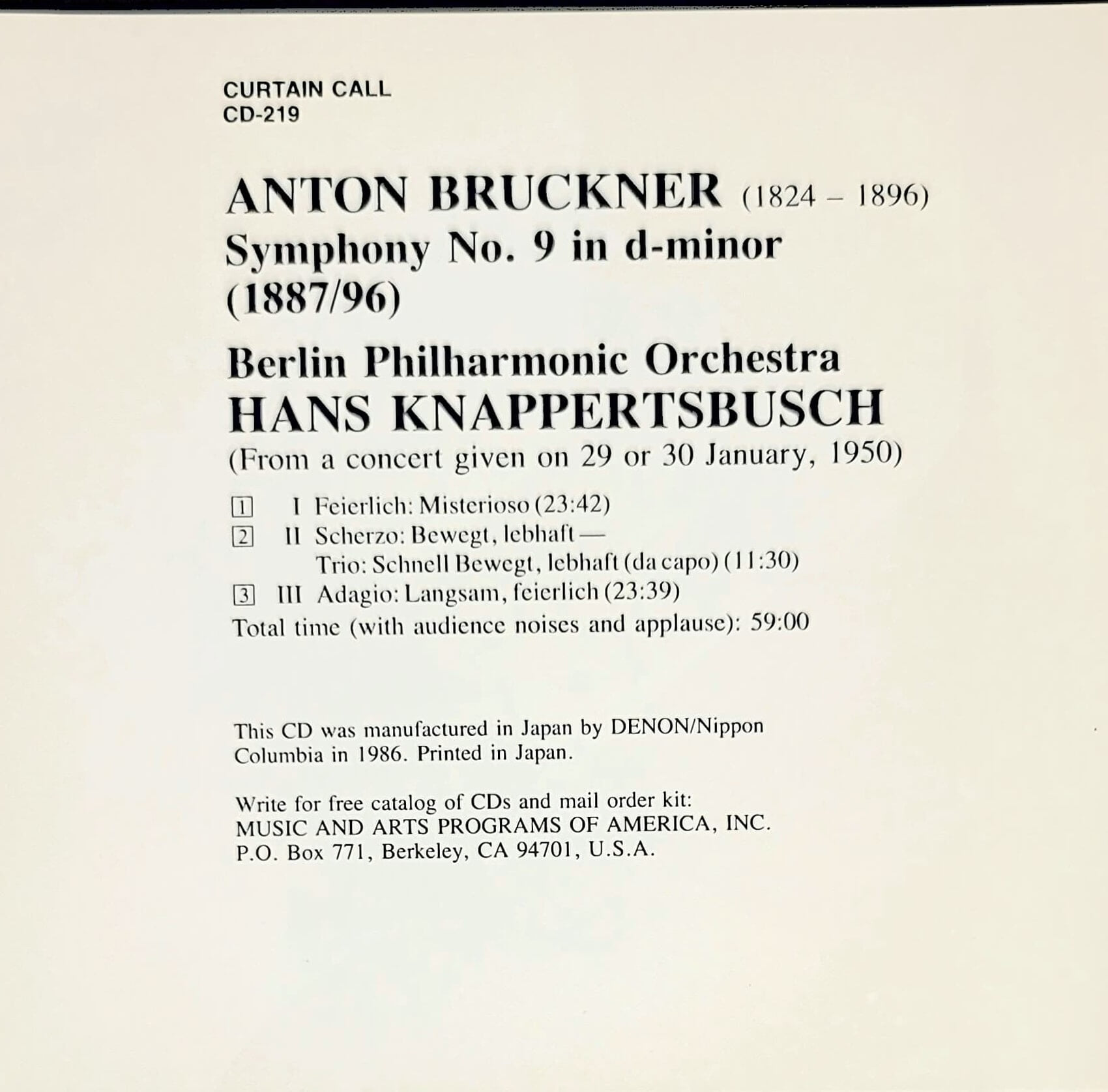 [86년 발매] Bruckner Symphony 9 Hans Knappertsbusch Berlin Philharmonic Orchestra 브루크너 교향곡 9번 한스 크나퍼츠부쉬