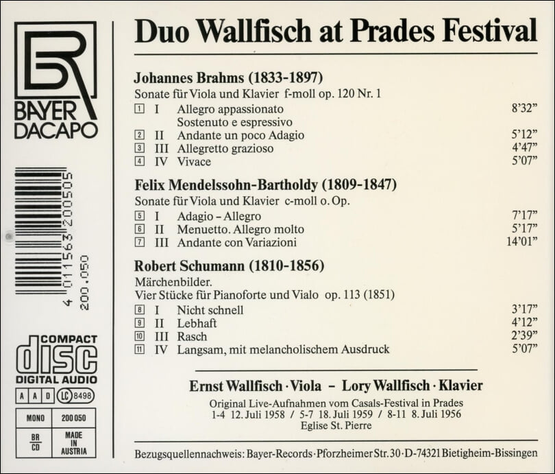 Brahms ,Mendelssohn : Duo Wallfisch at Prades Festval - 발피쉬 듀오 (Duo Wallfisch)(Austria발매)