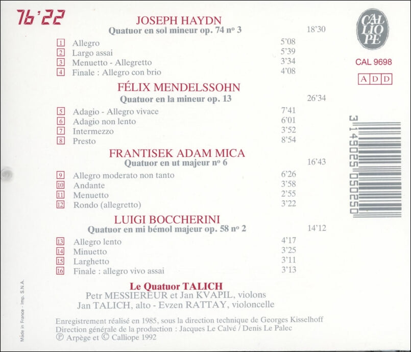 Haydn ,Boccherini : Quatre Quatuors - 탈리히 사중주단 (Le Quartuor Talich)(France 발매)