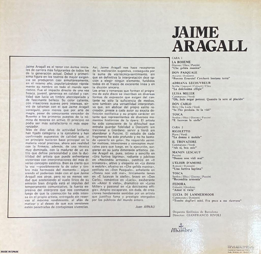 [LP] 자이메 아라갈 - Jaime Aragall - Orquestra Sinfonica De Barcelona,Gianfranco Rivoli LP [스폐인반]