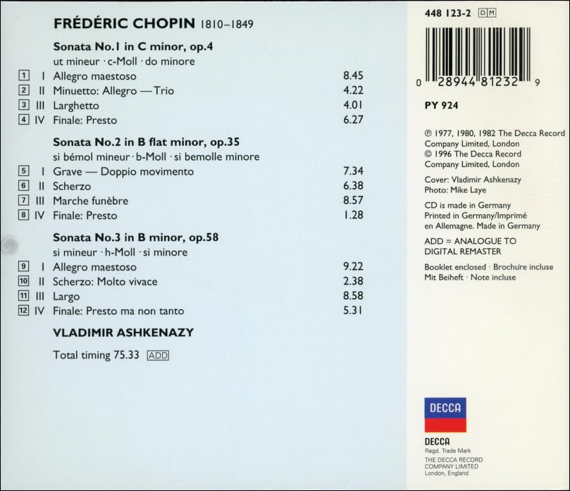Chopin : Piano Sonatas 1-3 - 아쉬케나지 (Vladimir Ashkenazy)(독일발매)