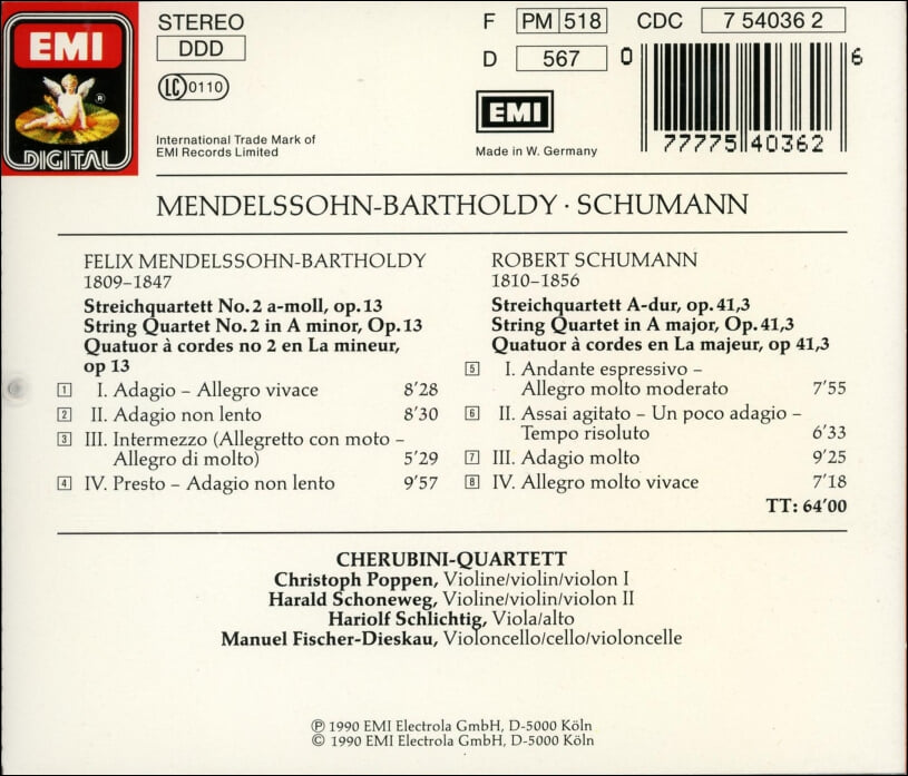 Mendelssohn , Schumann : Cordes, Op. 13 (Mendelssohn),Op. 41,3 (Schumann) - 케루비니 사중주단 (Cherubini Quartett)(독일발매)