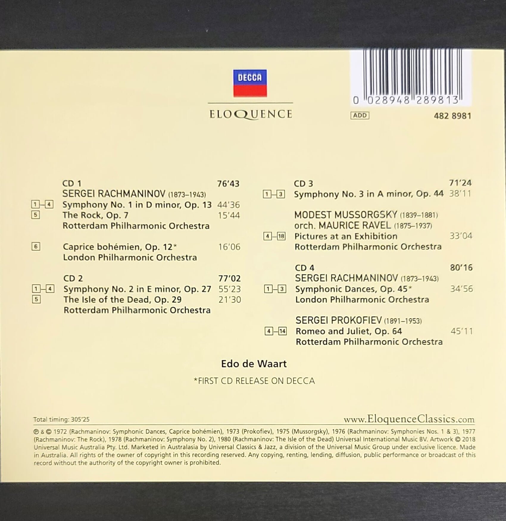 [4CD] 라흐마니노프 교향곡 1~3번, 무소르그스키 전람회의 그림, 프로코피에프 로미오와 줄리엣, 에도 데 바르트, Rachmaninov Symphony, Mussorgsky Pictures at an Exhibition, Prokofiev Romeo and Juliet, Edo d