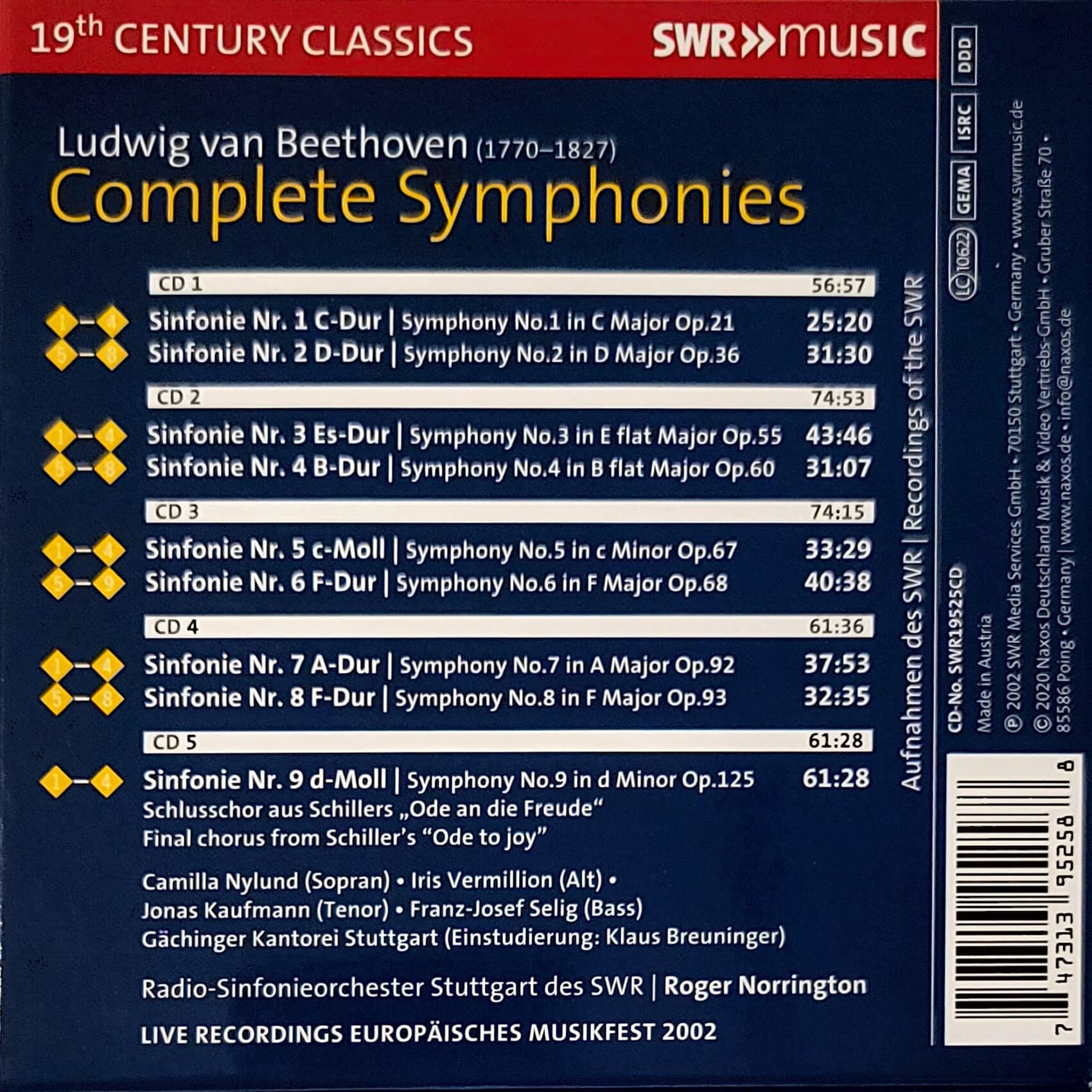 베토벤 교향곡 전집 1-9번 로저 노링턴 Beethoven Complete Symphonies Roger Norrington SWR [5CD]