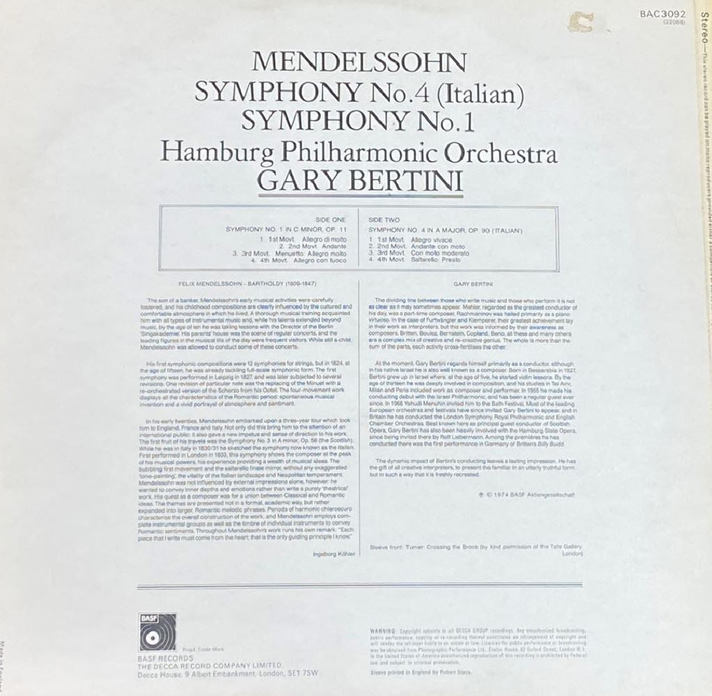 [LP] 가리 베르티니 - Gary Bertini - Mendelssohn Symphony No.1 (Italian) LP [U.K반]