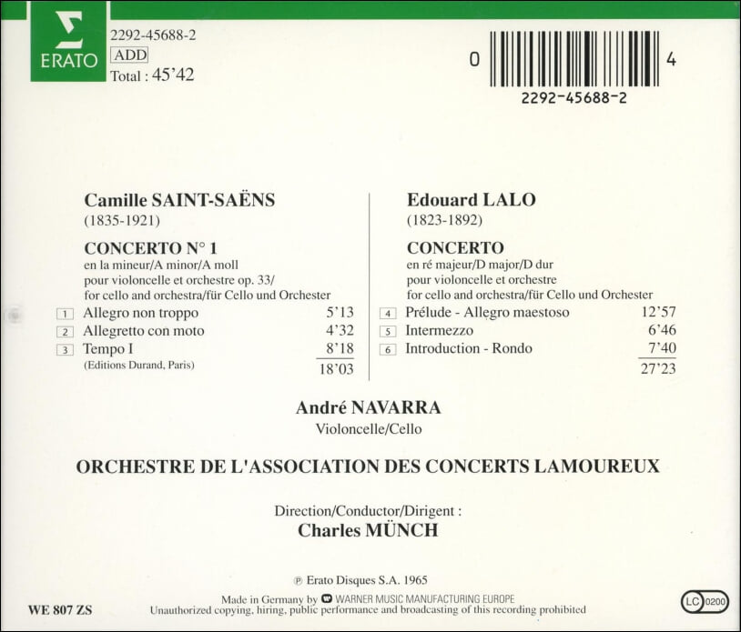 Lalo, Saint Saens : Deux Concertos Pour Violoncelle - 나바라 (Andre Navarra),뮌슈 (Charles Munch) (독일발매) 