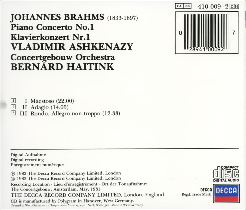 Brahms :Piano Concerto No. 1 - 아쉬케나지 (Vladimir Ashkenazy)(독일발매)