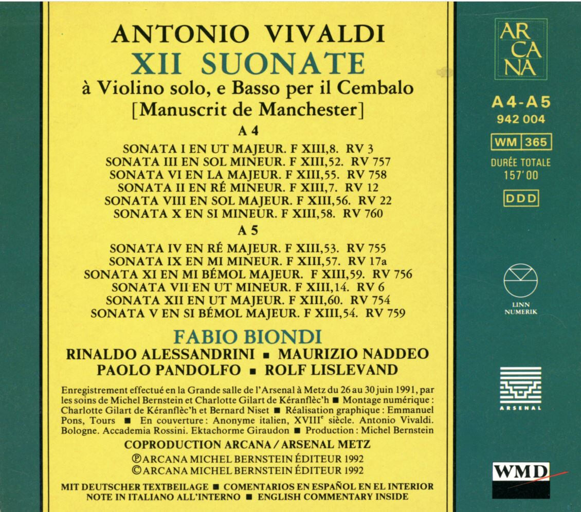 파비오 비온디 - Fabio Biondi - Vivaldi XII Suonate A Violino Solo, E Basso Per Il Cembalo 2Cds [E.U발매]