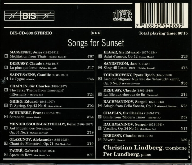 Debussy ,Saint-Saens : 석양을 위한 노래들  (Songs For Sunset) - 크리스티안 린드베리(Christian Lindberg) (Austria발매)