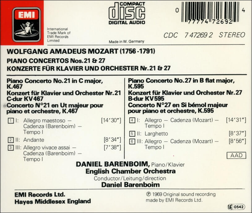 Mozart : Piano Concertos Nos. 21 & 27 - 다니엘 바렌보임 (Daniel Barenboim) (UK발매)