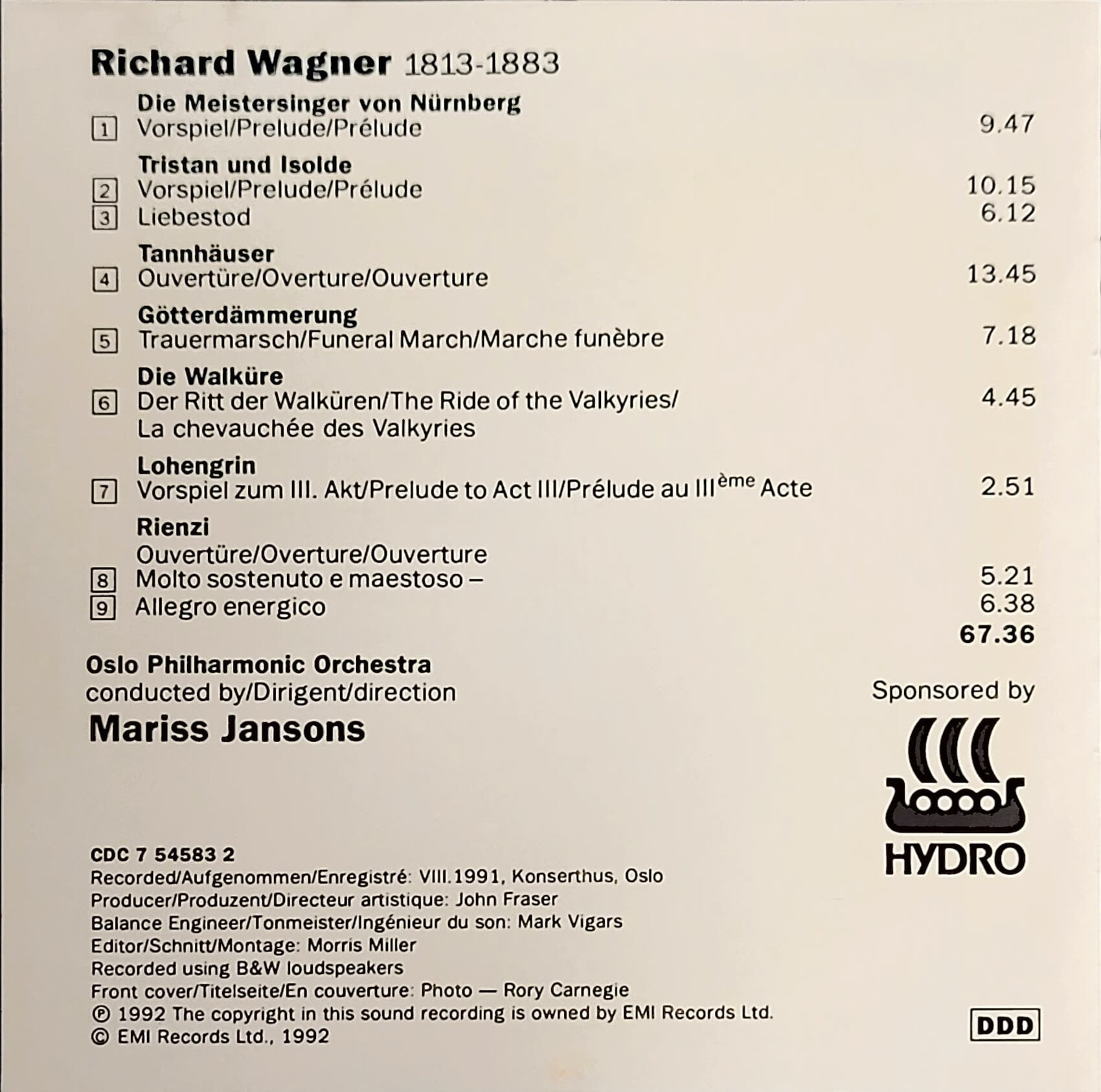 [1992년 발매] 바그너 서곡 & 관현악곡 얀손스 오슬로 필하모닉 Wagner Overtures & Orchestral Music Jansons Oslo Philharmonic