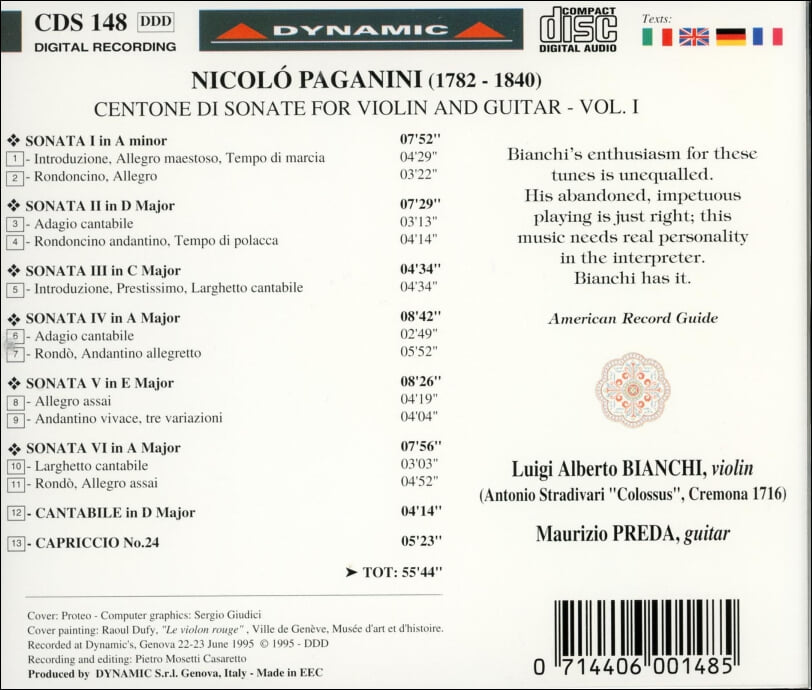 Paganini : Centone Di Sonate For Violin And Guitar Vol.I - 비안키 (Luigi Alberto Bianchi)(Italy EC발매)