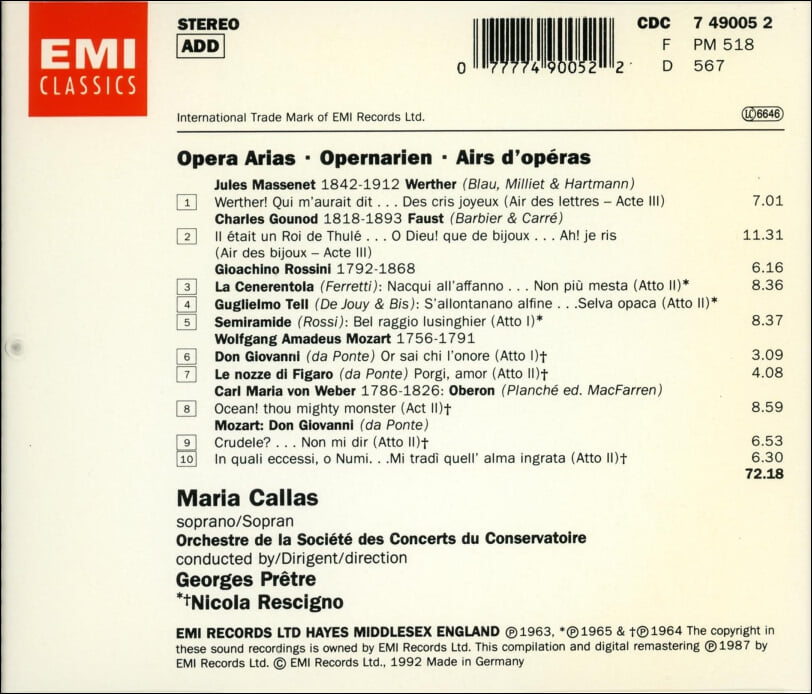 마리아 칼라스 (Maria Callas) - Operatic Arias ,  Airs D'Operas - (독일발매)