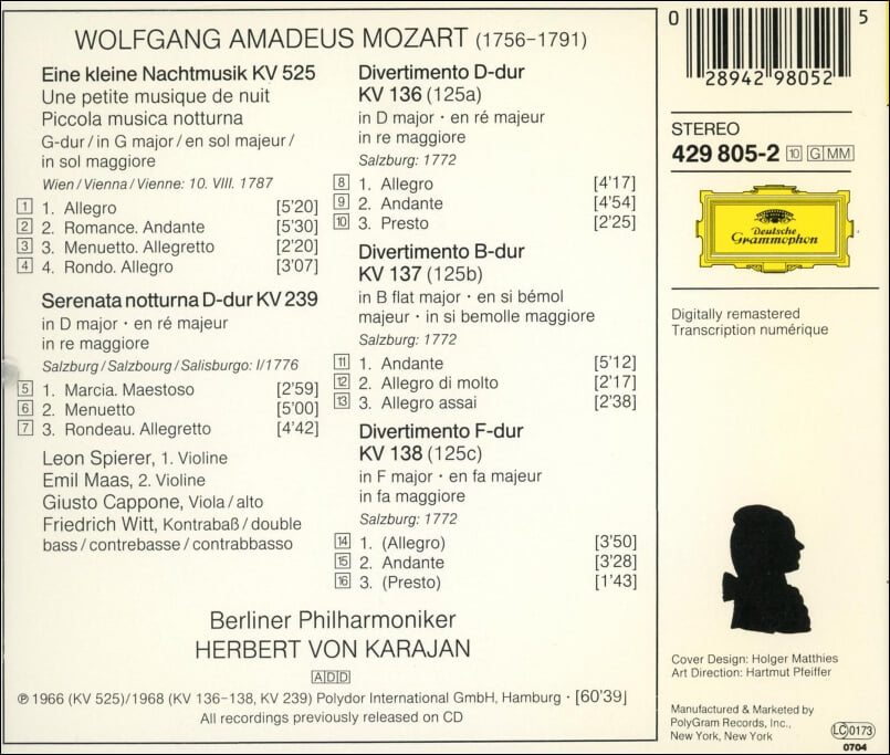 Mozart : Serenata Notturna , 3 Divertimenti - 카라얀 (Herbert Von Karajan)(US발매)