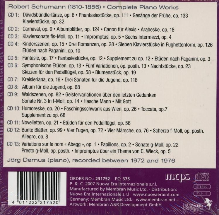 외르크 데무스 - Jorg Demus - Schumann Complete Piano Works 13Cds [BOX] [미개봉] [독일발매]