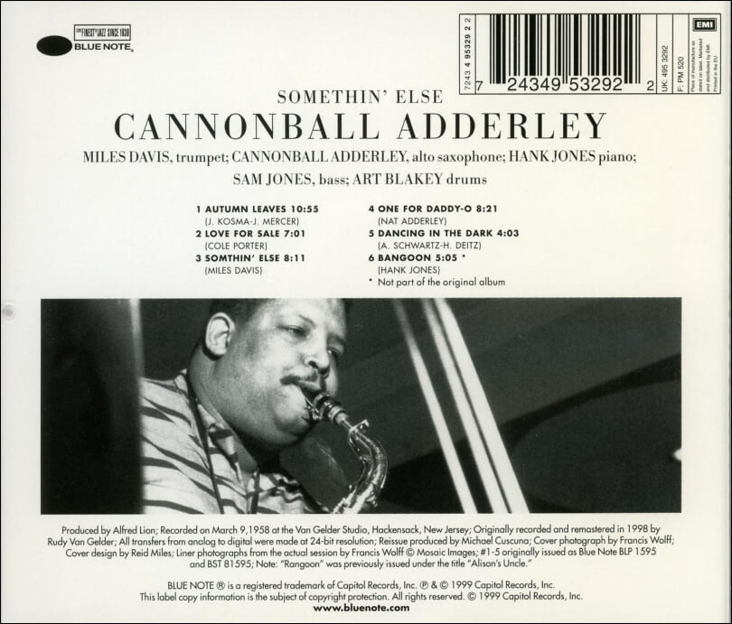 캐논볼 애덜리 (Cannonball Adderley) - Somethin' Else(EU발매) (RVG Edition)