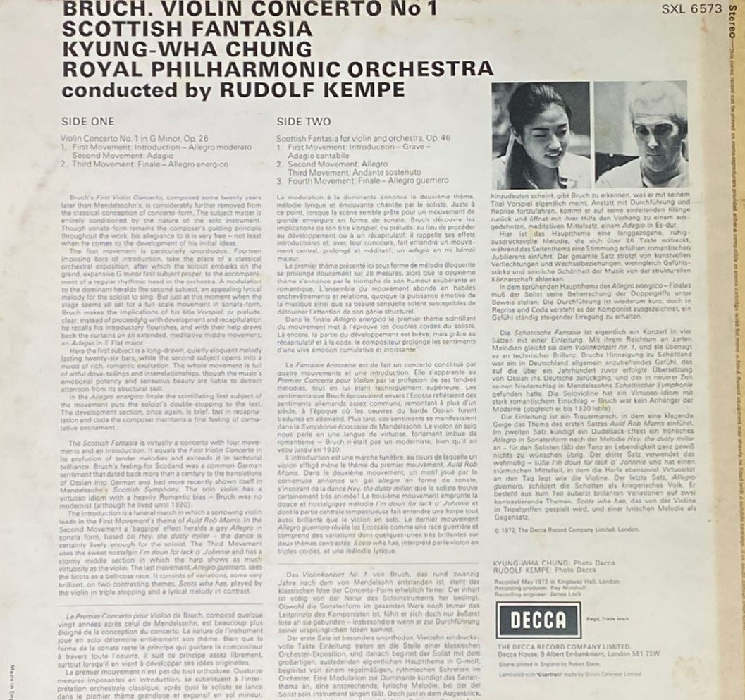 [LP] 정경화,루돌프 켐페 - Bruch Violin Concerto No.1, Scottish Fantasia LP [U.K반]