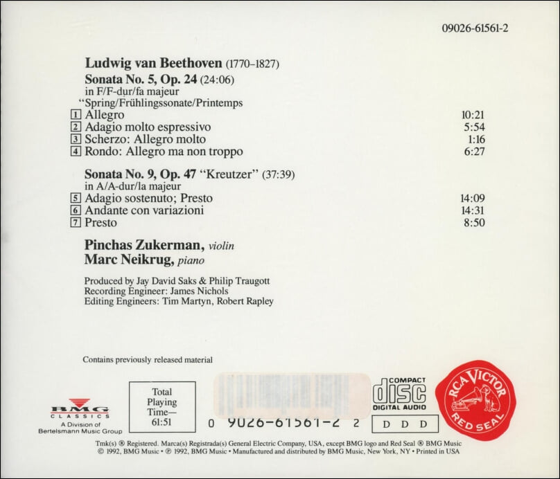 Beethoven: Sonatas For Violin No. 5, "Spring,No. 9, "Kreutzer"-주커만 (Pinchas Zukerman),나이크럭 (Marc Neikrug)(US발매)(미개봉)