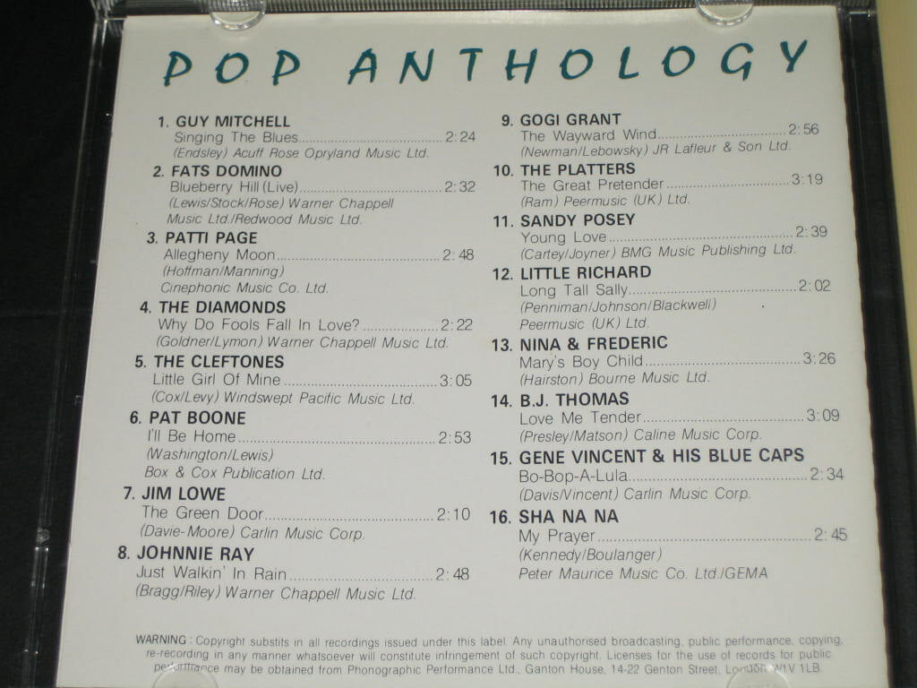 Pop Anthology 1 (1956년) CD음반 ,,, Elap Music ( Pick Wick Compact Discs) - GUY MITCHELL / FATS DOMINO