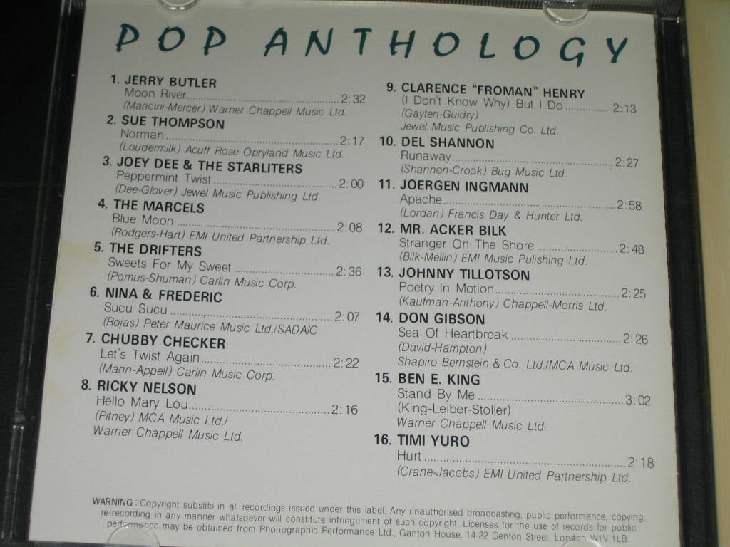 Pop Anthology 6 (1961년) CD음반 ,,, Elap Music ( Pick Wick Compact Discs) - Jerry BUTLER / the DRIFters / RICKY nelSON