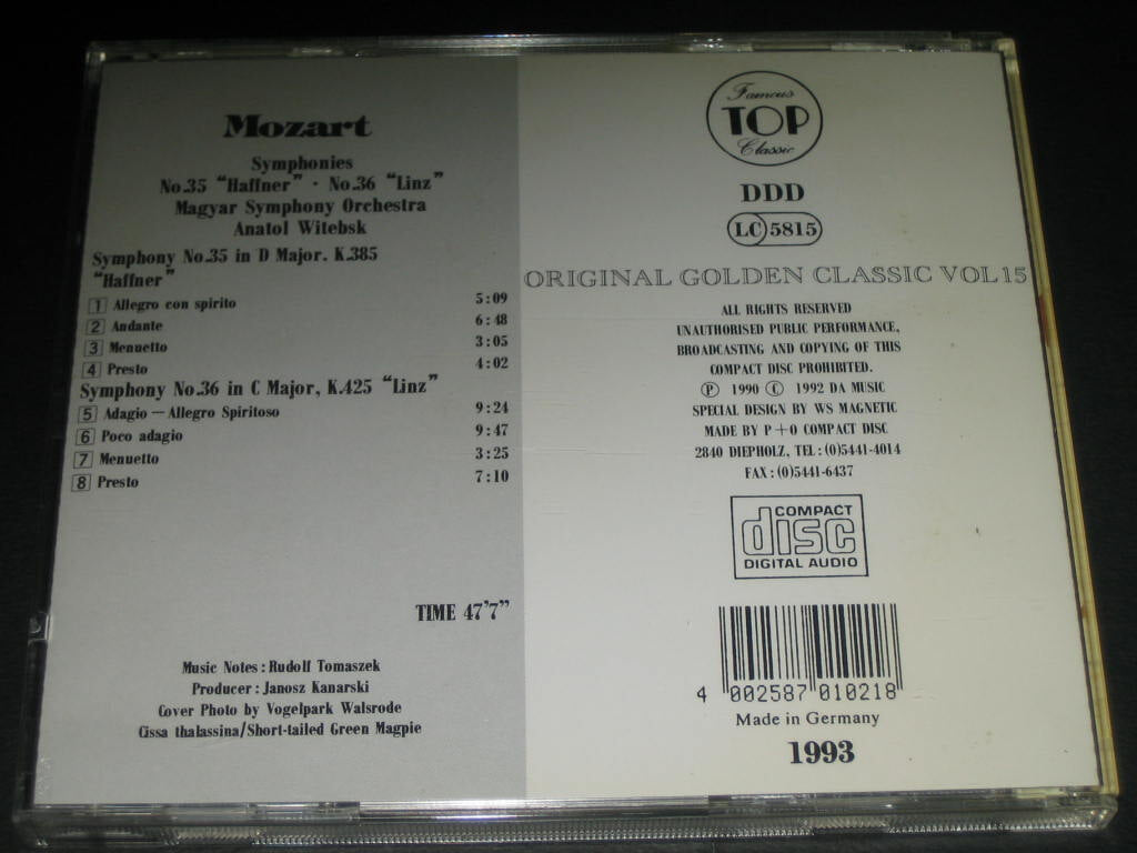 ORIGINAL GOLDEN CLASSIC VOL.15 CD음반 - Mozart ,,, (DDD 녹음방식 1993 독일 ) ,,, Symphonies No.35 "Haffner", No.36 "Linz"