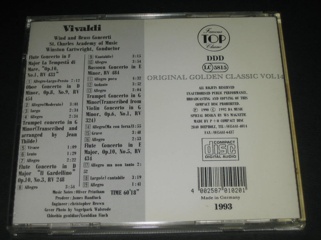 ORIGINAL GOLDEN CLASSIC VOL.14 CD음반 - VIVALDI ,,, (DDD 녹음방식 1993 독일 ) 