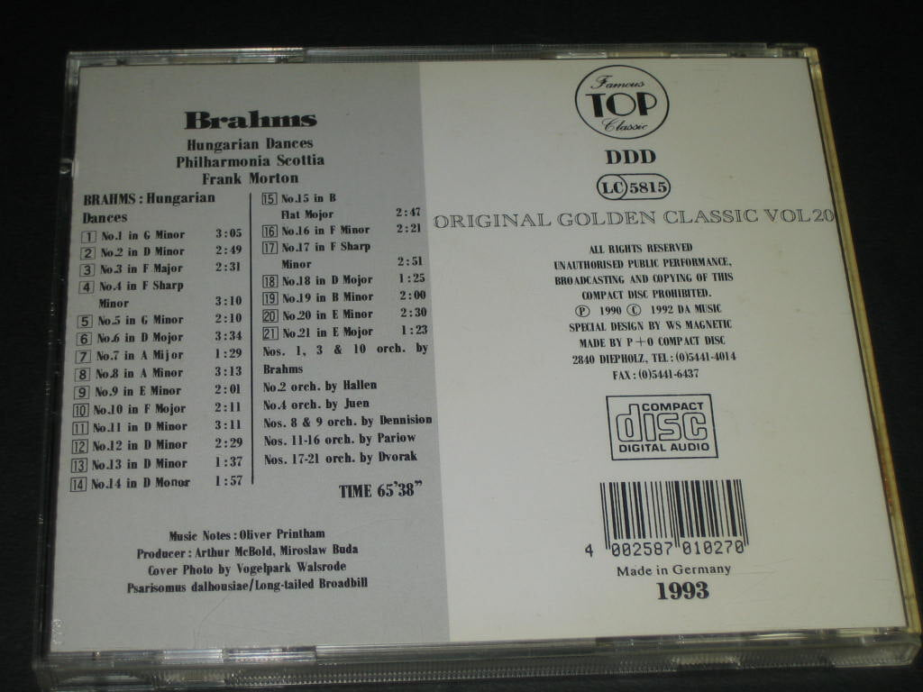 ORIGINAL GOLDEN CLASSIC VOL.20 CD음반 -  ,,, BRAHMS ,,, (DDD 녹음방식 1993 독일 )