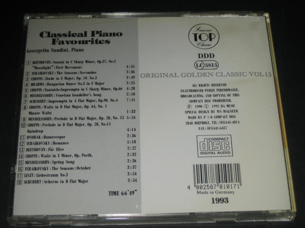 ORIGINAL GOLDEN CLASSIC VOL.13 CD음반 - CLASSIC AL PIANO FAVOURITES ,,, (DDD 녹음방식 1993 독일 ) 