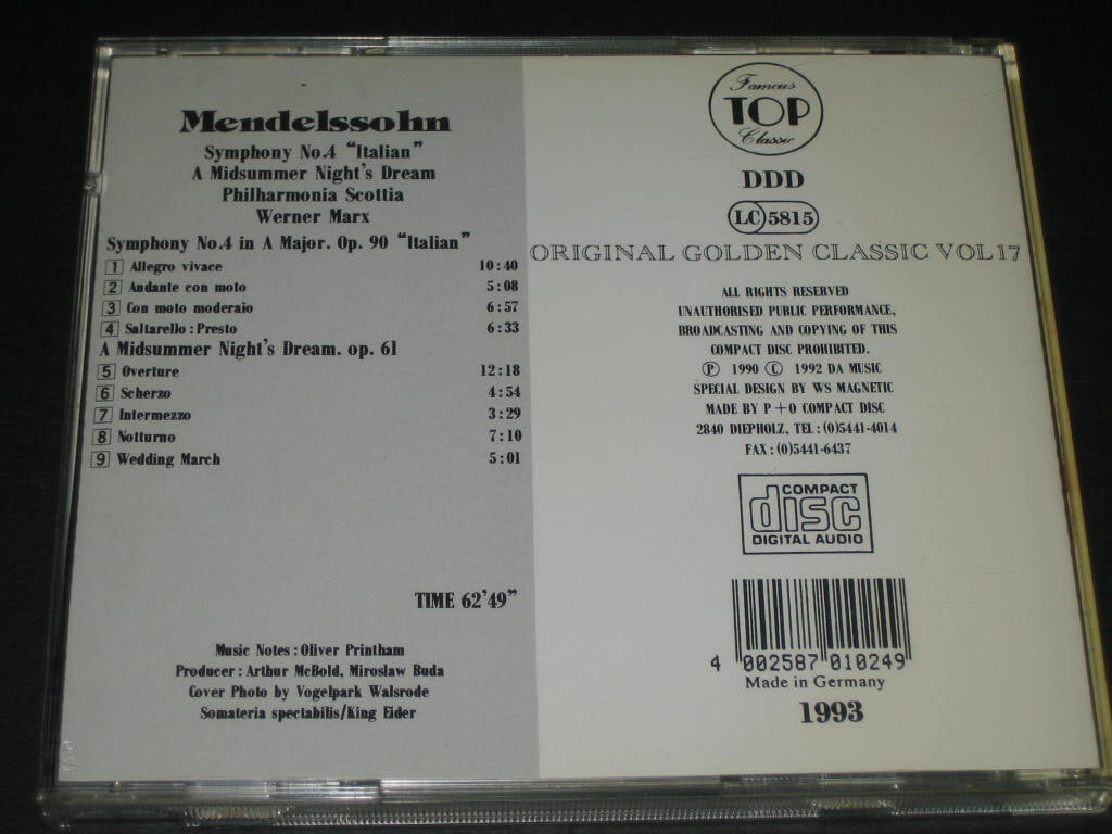 ORIGINAL GOLDEN CLASSIC VOL.17 CD음반 -  Mendelssohn ,,, (DDD 녹음방식 1993 독일 ) 