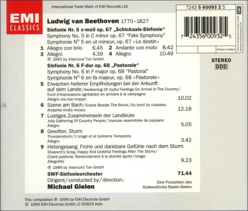 Beethoven : Symphonien Nr. 5&6 - 길렌 (Michael Gielen)(Holland발매)