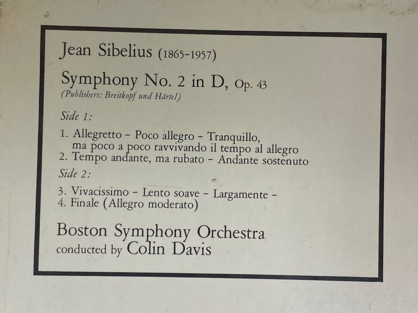 [LP] 콜린 데이비스 - Colin Davis - Sibelius Symphony No.2 in D major, Op.43 LP [미개봉] [홀랜드반]