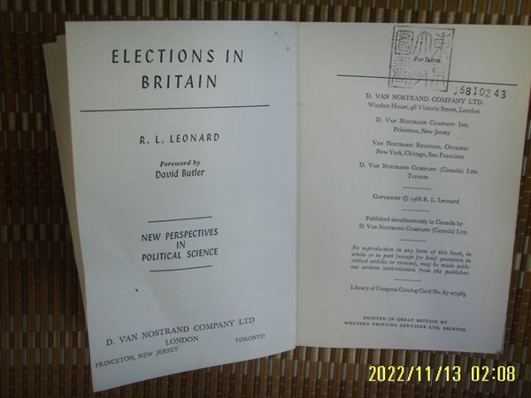 ㅂ 사본. D. VAN NOSTRAND / R. L. LEONARD / ELECTIONS IN BRITAIN -사진. 꼭 상세란참조