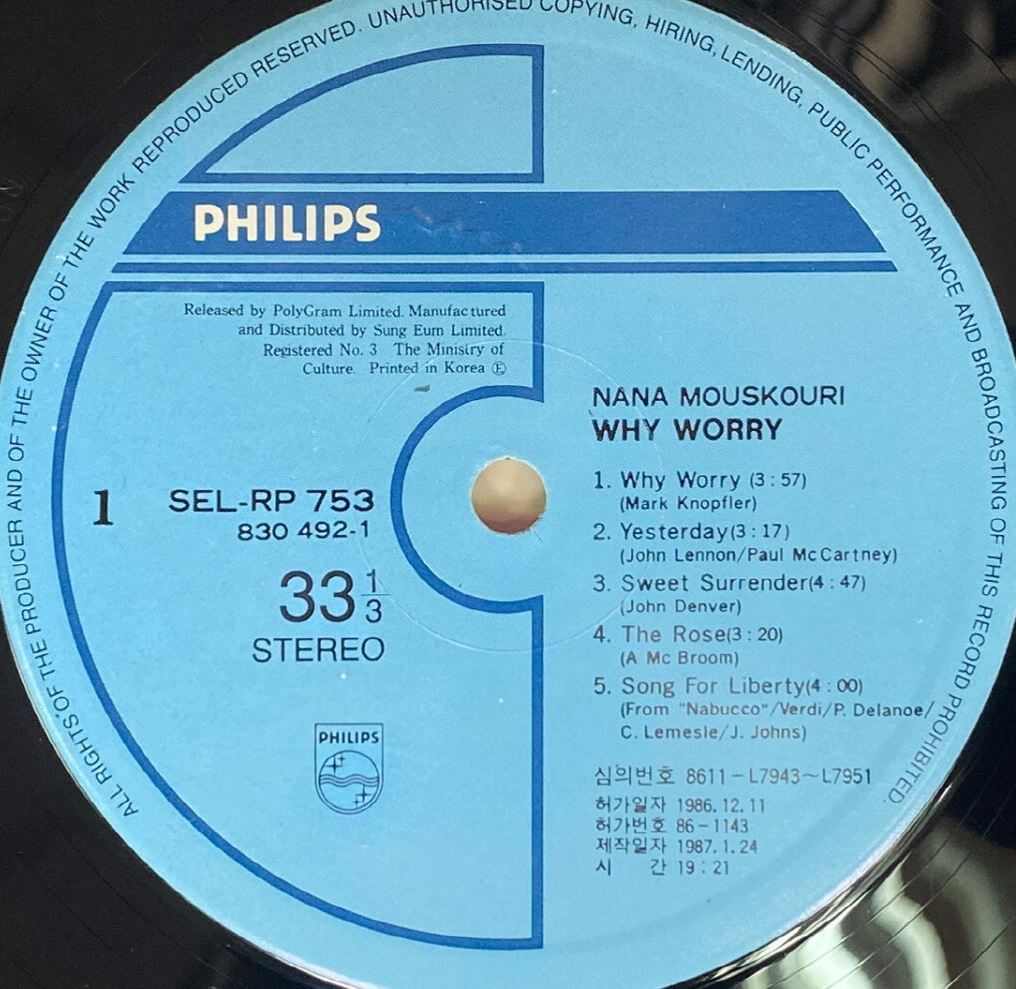 [LP] 나나 무스쿠리 - Nana Mouskouri - Why Worry LP [성음-라이센스반]