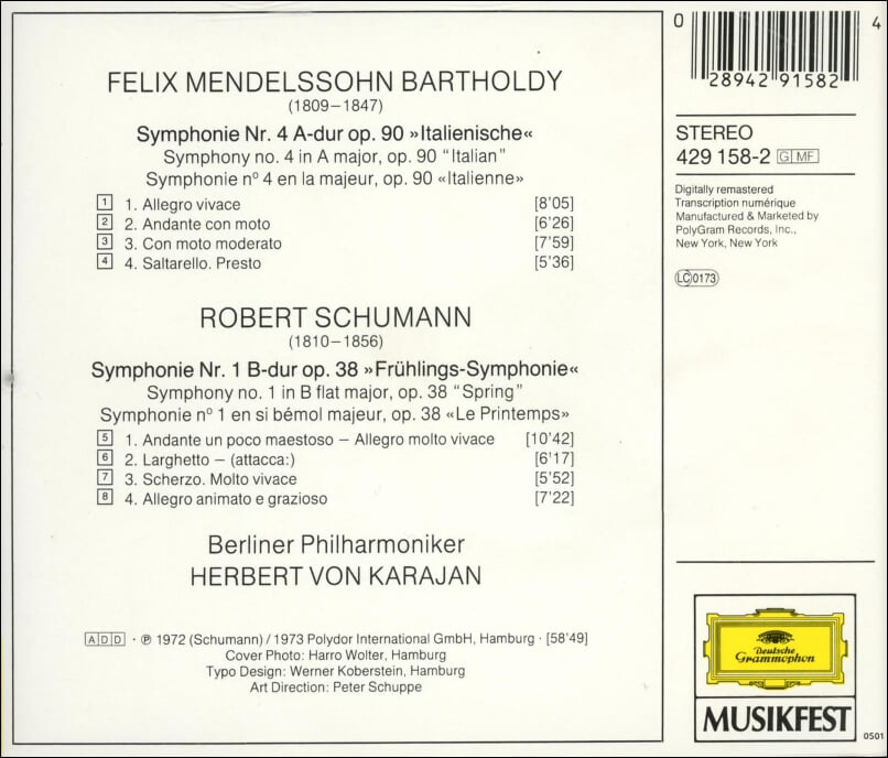 Mendelssohn , Schumann: "Italian" Symphony , "Spring" - 카라얀(Karajan)(US발매)