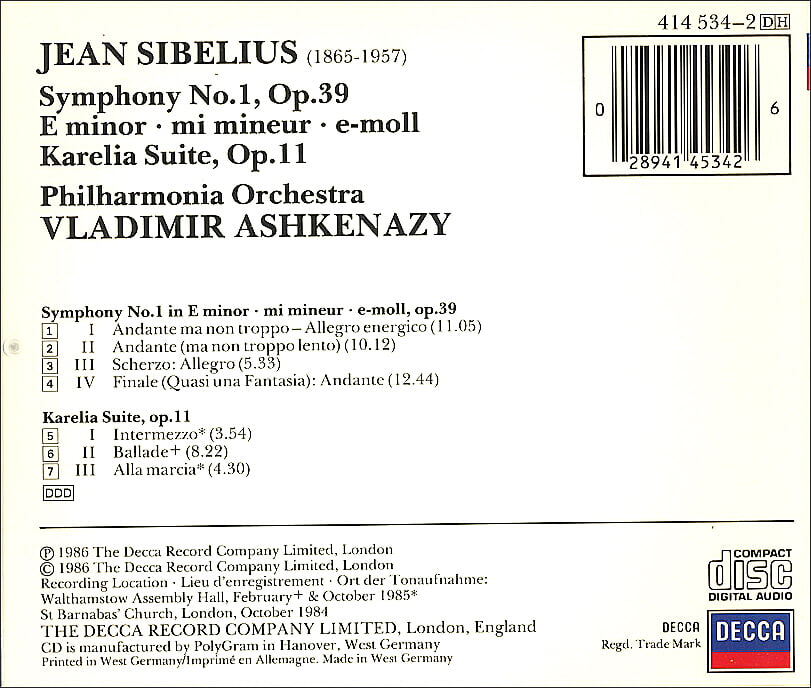 Sibelius: Symphony No.1 / Karelia Suite - 아쉬케나지 (Vladimir Ashkenazy)(독일발매)