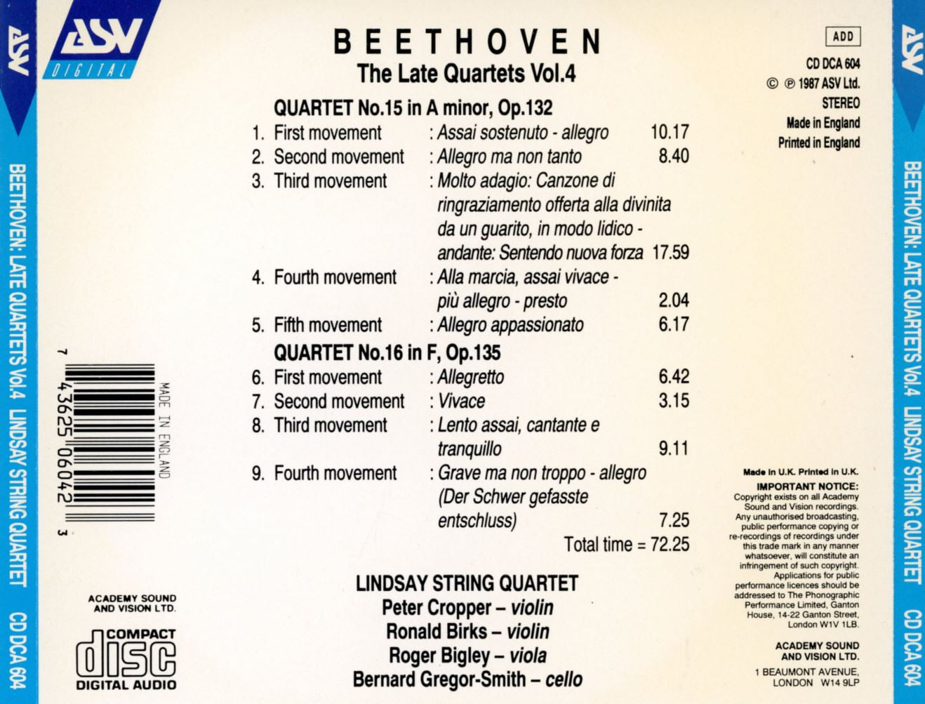 린지 스털링 콰르텟 - Lindsay String Quartet - Beethoven The Late Beethoven Quartets Vol.4 [U.K발매]