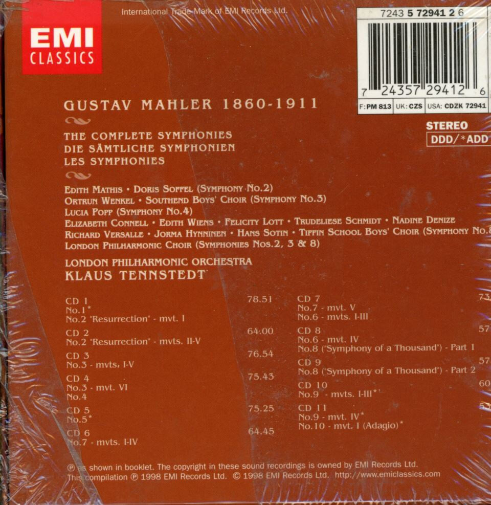 클라우스 텐슈테트 - Klaus Tennstedt - Mahler The Complete Symphonies 11Cds [미개봉] [E.U발매]