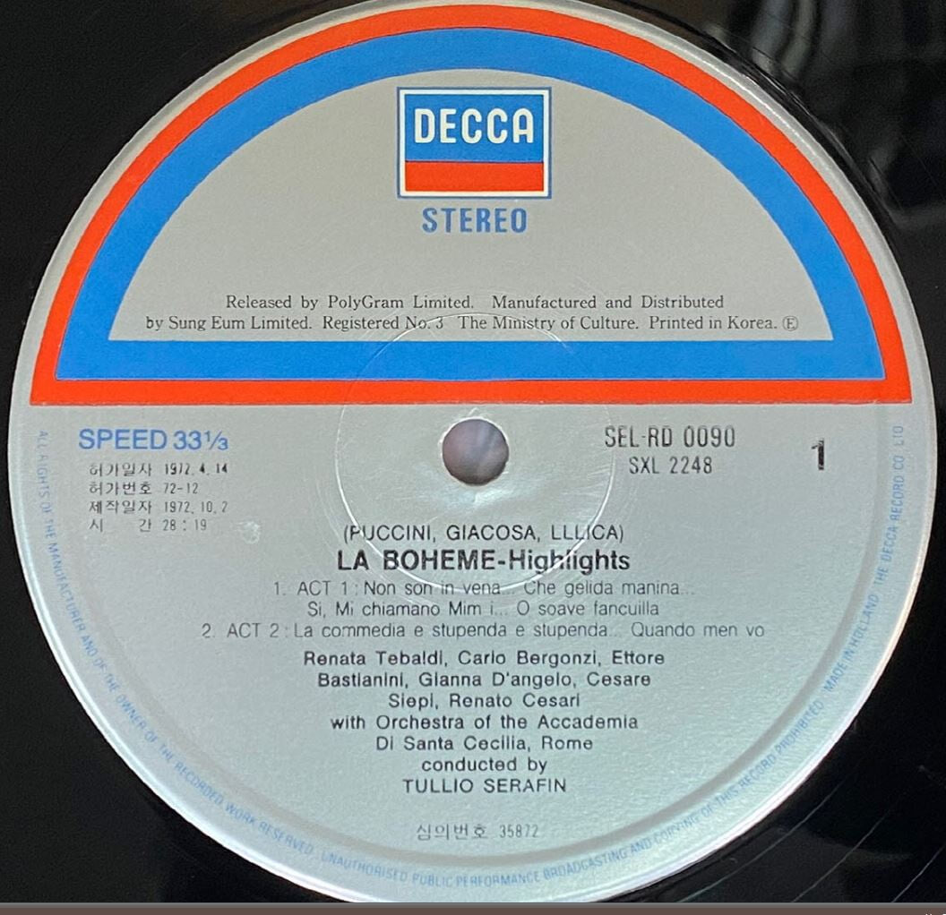 [LP] 레나타 테발디 - Renata Tebaldi - Puccini La Boheme Highlights LP [성음-라이센스반]