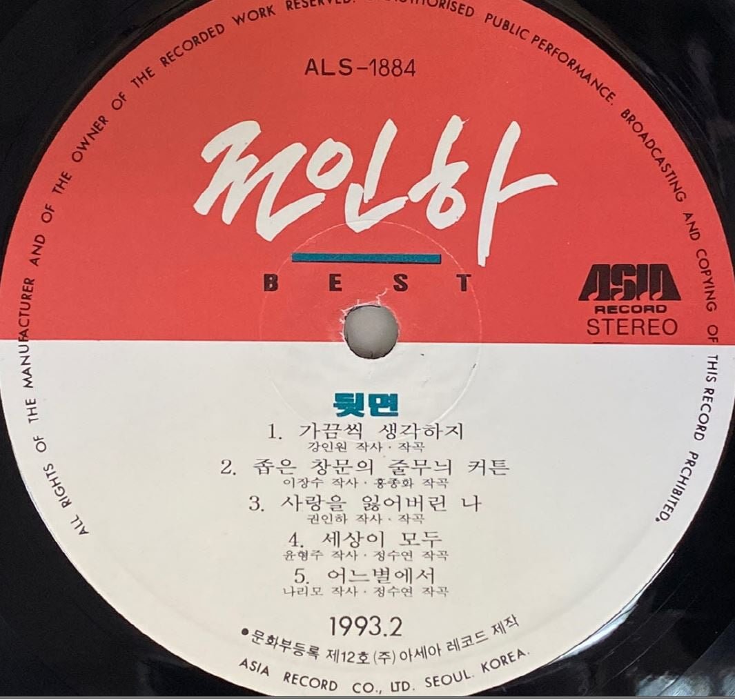 [LP] 권인하 - 권인하 Best LP [아세아 ALS-1884]