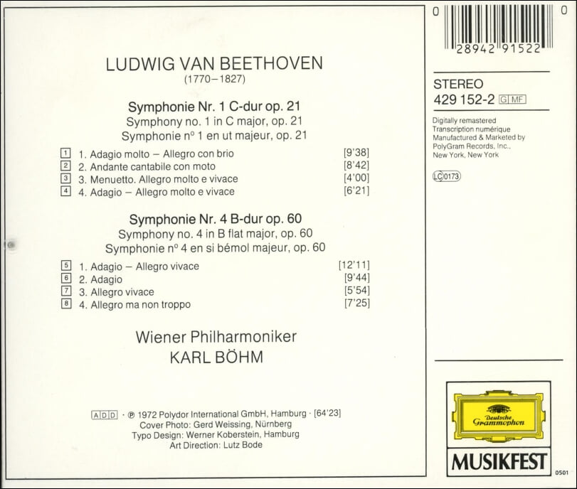 Beethoven : Symphonien Nr. 1 & 4 - 칼 뵘 (Karl Bohm) (US발매)