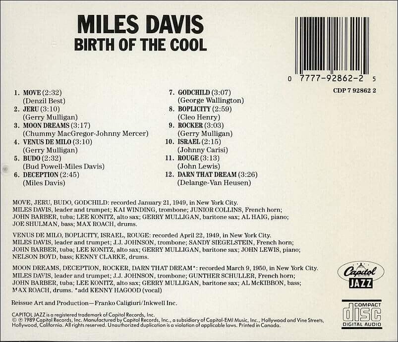 마일즈 데이비스 (Miles Davis) -  Birth Of The Cool(Canada발매)