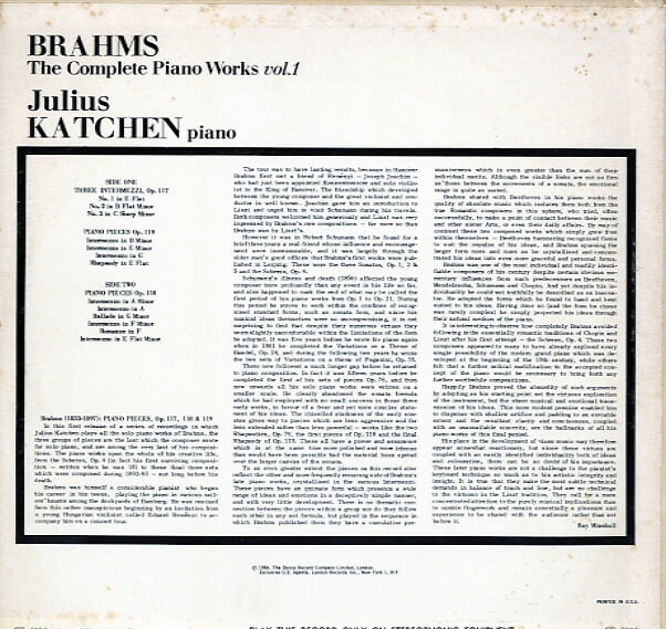 [수입][LP] Brahms Three Intermezzi Op.117 & Piano pieces Op.118 & 119 - Julius Katchen