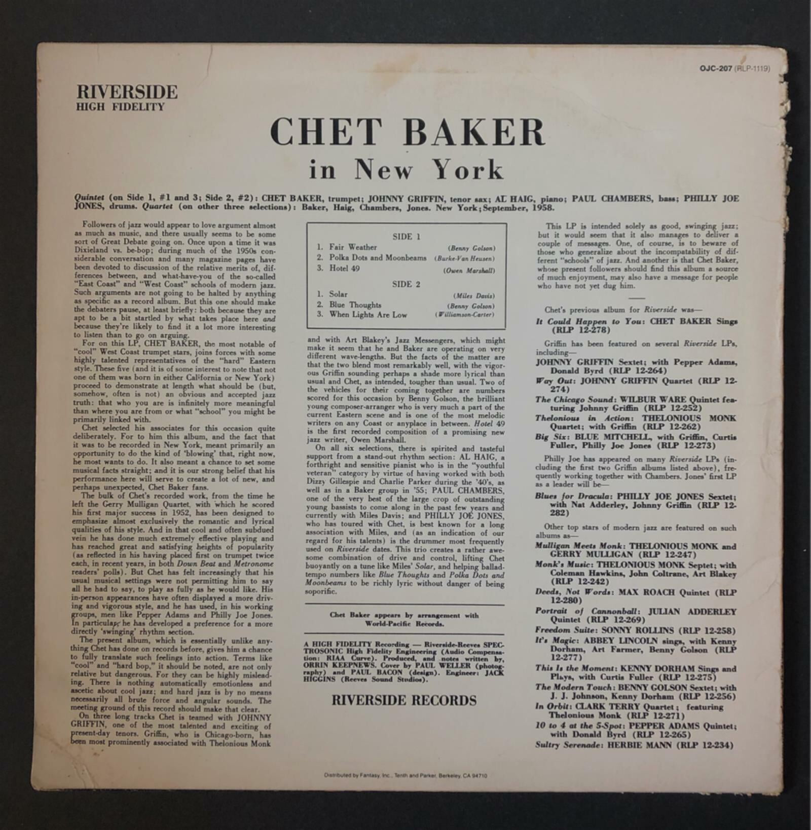 [LP] 수입원반 CHET BAKER OJC-207