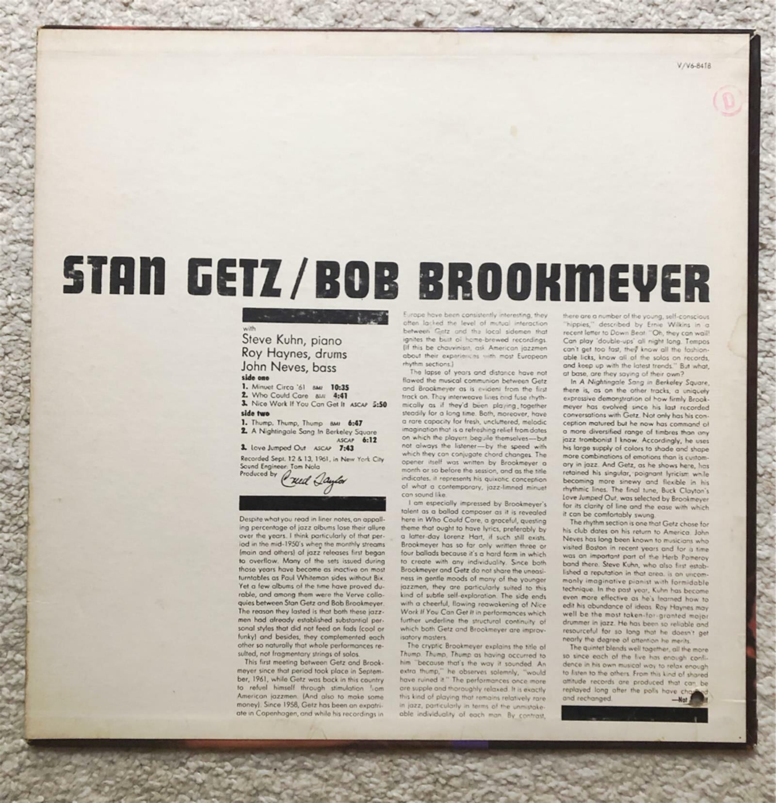 [LP] 수입원반 STAN GETZ - BOB BROOKMEYER V-8418 (MONO반)