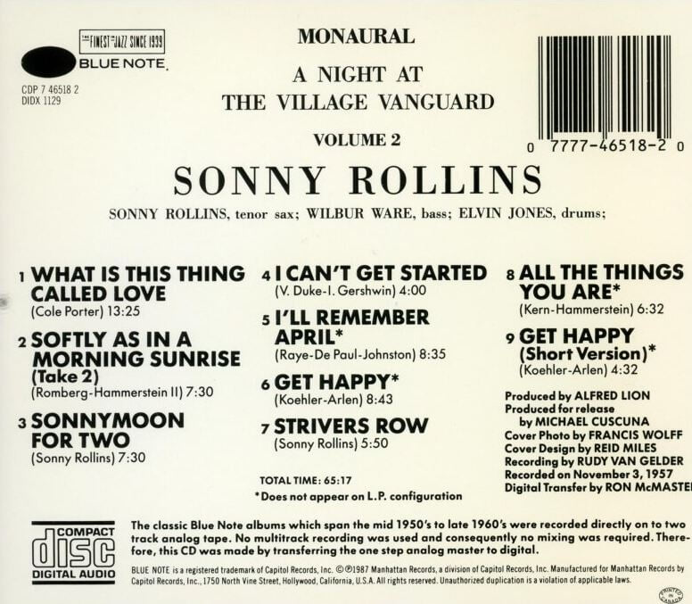 소니 롤린스 - Sonny Rollins - A Night At The Village Vanguard Volume 2 [U.S발매]